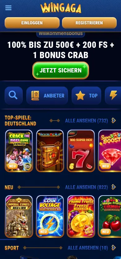 Wingaga mobile Ansicht mit Willkommensbonus und Top-Spielen auf dem Smartphone