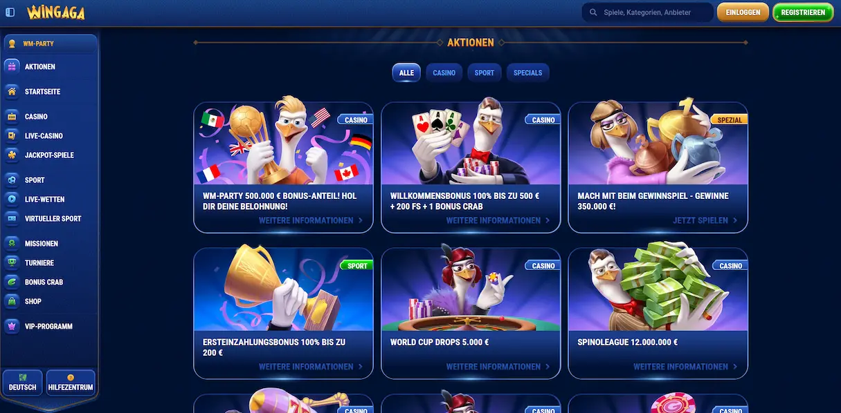 Wingaga Willkommensbonus 100 Prozent bis zu 500 Euro plus 200 Freispiele