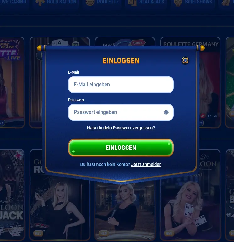 Wingaga Login-Formular mit E-Mail und Passwort