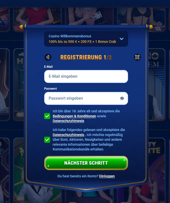 Wingaga Registrierungsformular mit E-Mail und Passwort