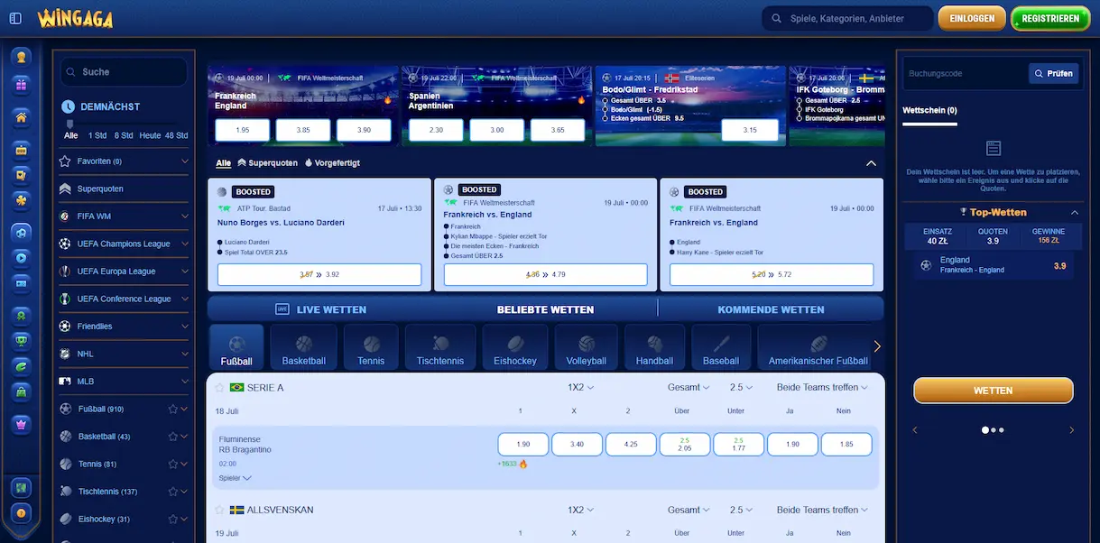Wingaga Sportwetten mit Live-Quoten für Fußball und Champions League